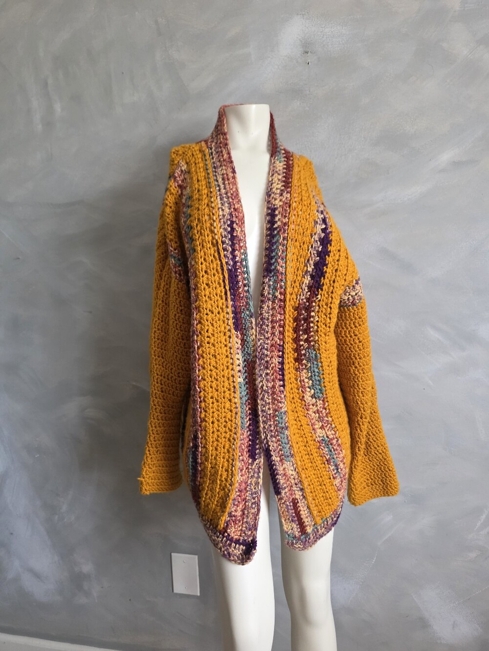 Handmade Crochet Hexagon Granny Stitch Variegated Stripe Border Cardigan OS